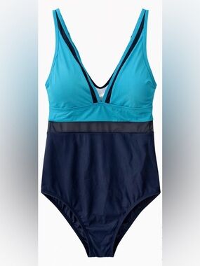 Cupshe One Piece Swimsuit Blue Colorblock Mesh Panel Size 1X.